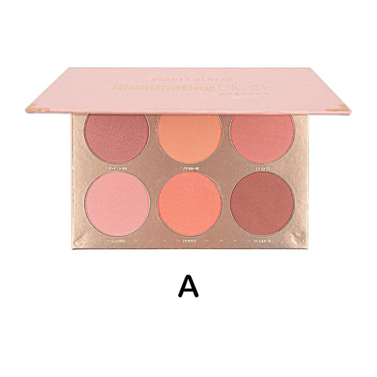 Multicolour Lasting Brightening Glow Blush Powder 3 In 1 Blush Highlighter Eyeshadow Makeup Sweat-Resistant Non-Greasy Shimmery Matte 6 Colors Natural Blusher Palette # A