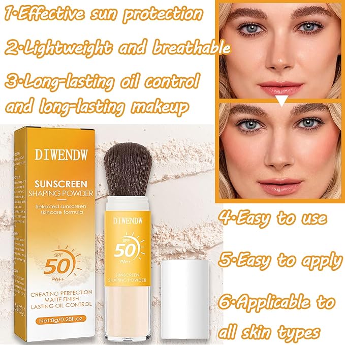 Mineral Sunscreen Setting Powder SPF 50 PA++,Breathable Sun Screen with Brush,Lightweight Long Lasting Oil Control Face Sunscreen,Matte Concealer Setting Powder for All Skin Types