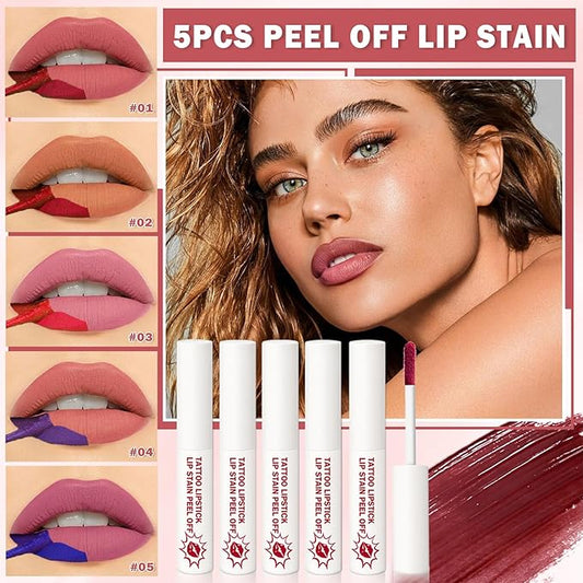 AWCCXMYM 5Pcs Lip Stain Peel Off Lip Tint Stain Matte High Pigment Longlasting Lightweight Peelable Lip Liner Stain for Natural Gloss All Day