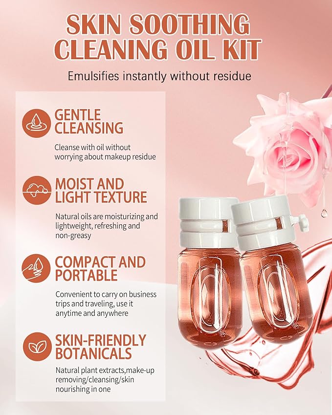 Makeup Remover Oil Portable Kit-7 Pcs Mini Travel Size Bottles Cleansing for Face,Gentle Facial Oil,Portable Skincare,Deep Cleaning without Clogging Pore,Residue-Free,for Oily & Combination skin(Pink)