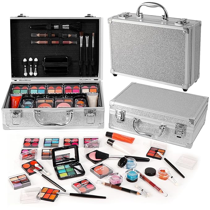 Makeup Kit for Teenager & Women Full Kit, All- In- One Makeup Set With The Cosmetic Train Case, Professional Makeup Kit, Makeup Gift Set for Women Girls(silver)
