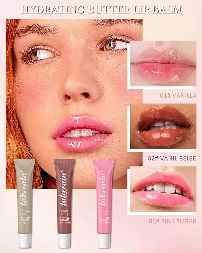 Tinted Lip Butter Balm-3 Colors Vanilla Beige Brown Pink Sugar Lip Gloss,Clear Jelly Yummy Tint Lip Stain,Long Lasting Hydrating Glow Reviver Lip Care Oil,Women's Day Makeup Gift for Women-Set A