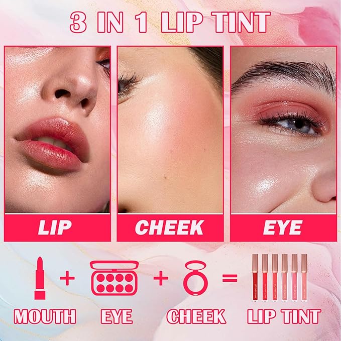 6 Colors Lip Tint Stain Set,Mini Liquid Lipstick Moisturizing Long Lasting Plumping High Pigmented Lip Gloss Set,Lightweight Non-Stick Cup Matte Lipstick for Waterproof Cheek and Lip Tint Makeup D
