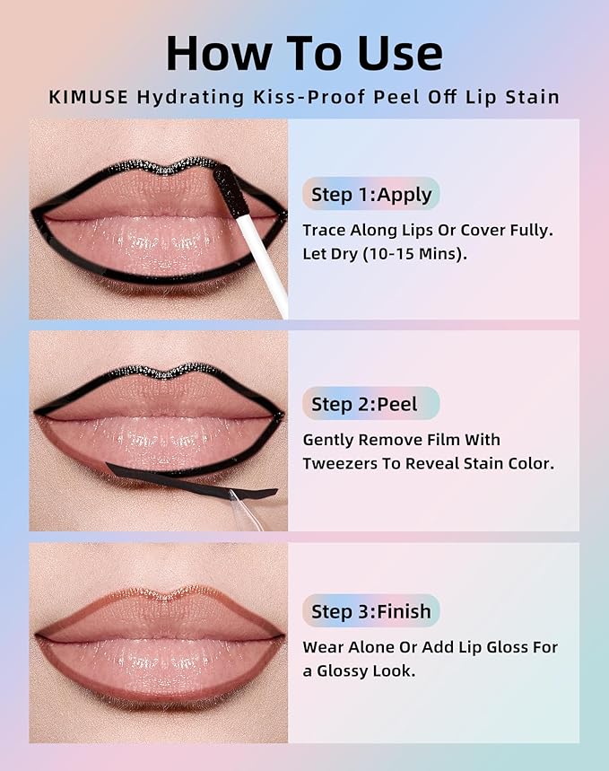 KIMUSE Lip Stain Peel Off, Lip Stain & Liner All In One, Peel Off Lipstains With Tweezer, Waterproof, Long Lasting, Natural Matte Finish
