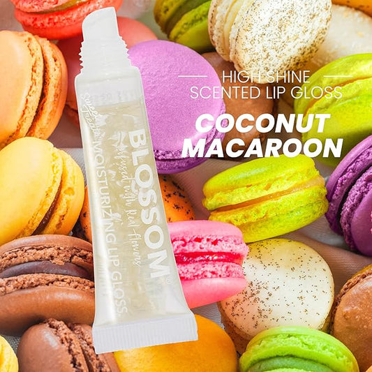 Blossom Lip Gloss Tubes, Coconut Macaroon Scented Thick Clear High Shine Moisturizing Flower Lip Gel with Nourishing Jojoba Seed Oil, Infused with Real Flowers, 0.3oz, Coconut Macaroon