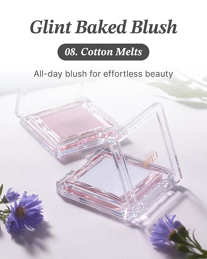 Glint Baked Blush (Cotton Melts, 0.08oz) - Long-Lasting, All-Day Face Blush Powder for a Natural Look. Korean Skin Care, Korean Makeup. Blendable Color for Eyes, Cheeks & Body.