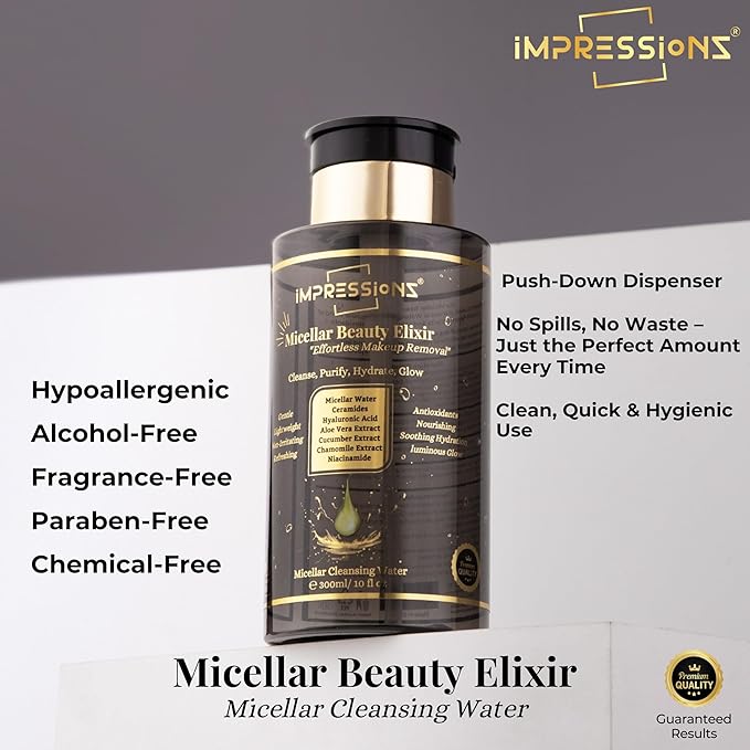 ImpressionZ Premium 300ml Micellar Water Makeup Remover | Gentle, Non-Sticky & Hypoallergenic Make Up Remover Liquid for All Skin Types | Fragrance-Free Micellar Cleansing Water | Hydrates & Soothes