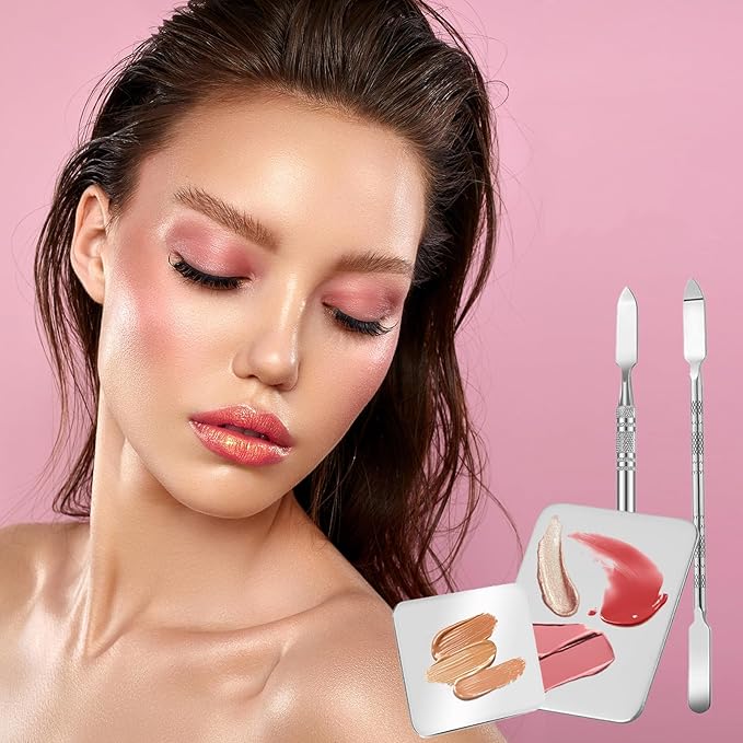 4 Pcs Makeup Mixing Palette Tray Set - Stainless Steel, Includes 2 x Mixing Spatula