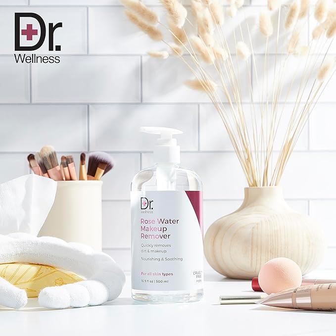 Dr. Wellness Rose Water Makeup Remover - 16.9 fl oz / 500ml, Cruelty-Free & Vegan, Gentle Formula for Effective Makeup Removal, Rose Blossom