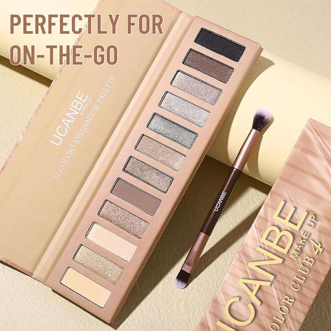 UCANBE 12 Color Eyeshadow Makeup Palette, Naked Nude Eye Shadow, Neutral Matte Shimmer Make Up Pallet with Double-ended Brush Set Kit, Highly Pigmented Long Lasting Waterproof