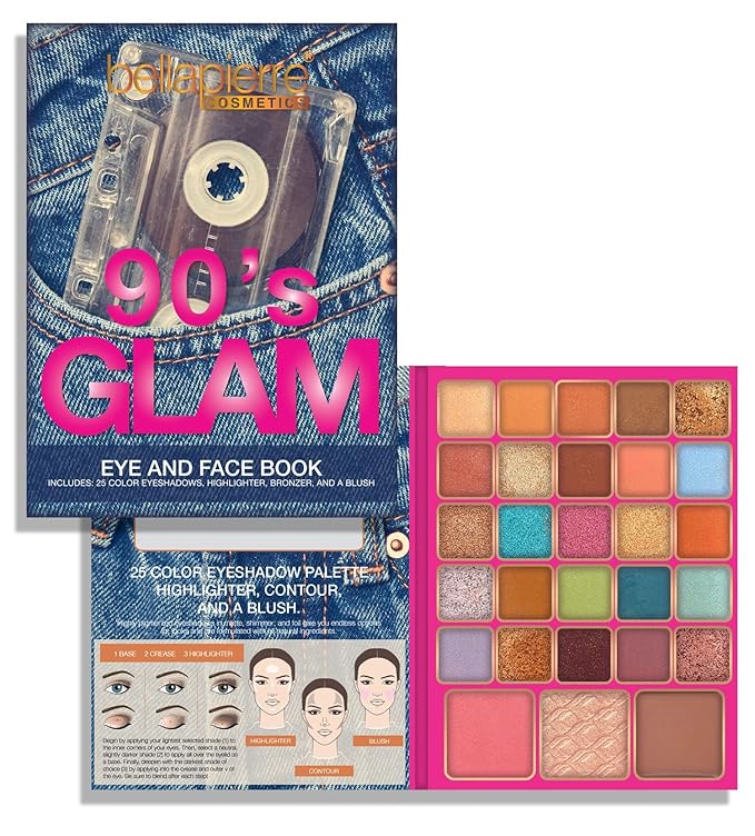 Bellapierre 90s Glam Face & Eye Book Palette | 25 Eyeshadow Shades with Blush, Bronzer, & Highlighter | Non-Toxic & Paraben Free | Vegan & Cruelty-Free