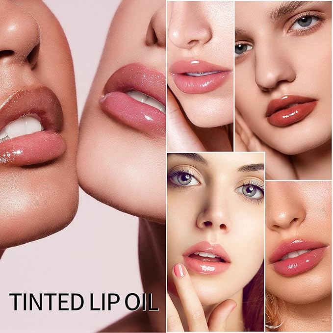 3Pcs Hydrating Lip Glow Oil - Moisturizing Tinted Lip Gloss Plumping Nourishing Shiny Long-Lasting Lip Stain with Cherry Seed Oil 0.27 fl.oz (Set C)