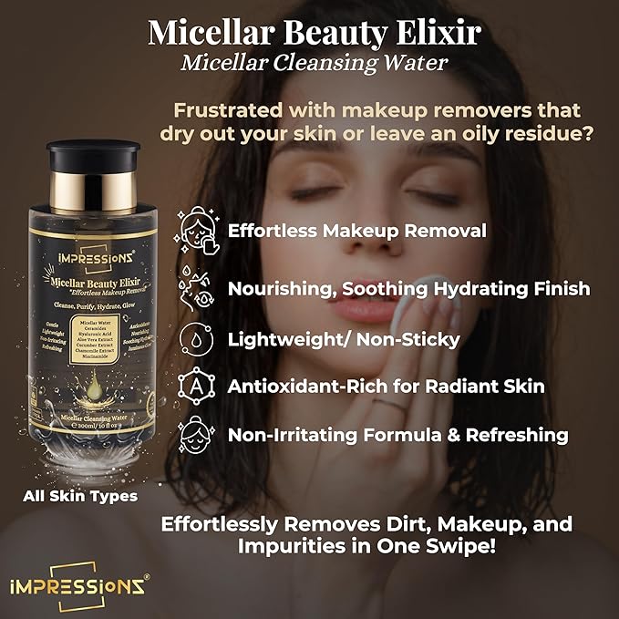 ImpressionZ Premium 300ml Micellar Water Makeup Remover | Gentle, Non-Sticky & Hypoallergenic Make Up Remover Liquid for All Skin Types | Fragrance-Free Micellar Cleansing Water | Hydrates & Soothes