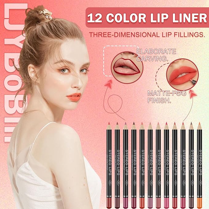 12 Colors Matte Lip Liner Pencil Set - Velvet Smooth, Long Lasting, High Pigmented Brown Lip Liner - Waterproof & Fade Resistant - Professional Makeup Gift Set for Women