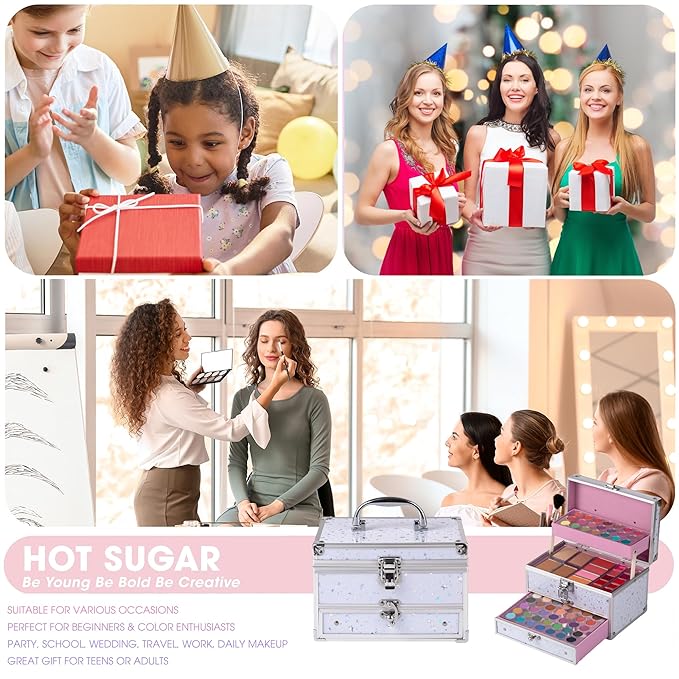 Hot Sugar Makeup Kit for Teen Girls, Kids Makeup Set for Girls Includes Eyeshadow, Lip Gloss, Blush, Highlighter, Bronzer, Lip Pencil, Eye Pencil, Brush and Makeup Box (WHITE)