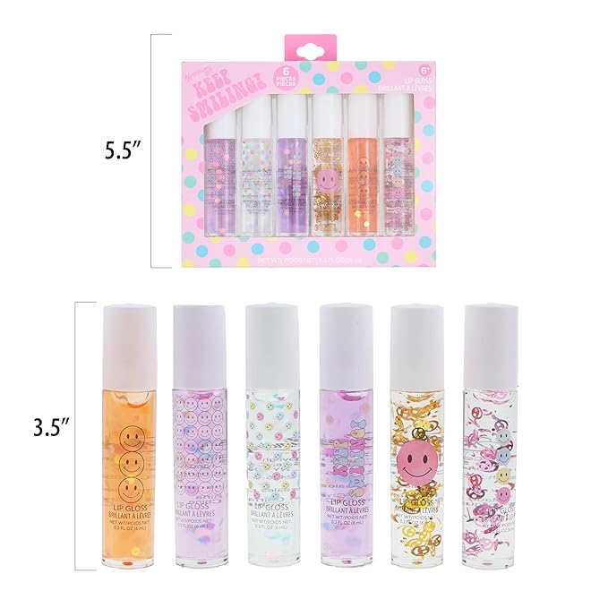EXPRESSIONS 6pc Lip Gloss Set - High Shine Confetti Lip Gloss Tubes w/Rollerball Applicator Tips | Hydrating Roll On Lip Gloss, Safe and Non-Toxic Lip Gloss Gift Set For Girls (KEEP SMILING)