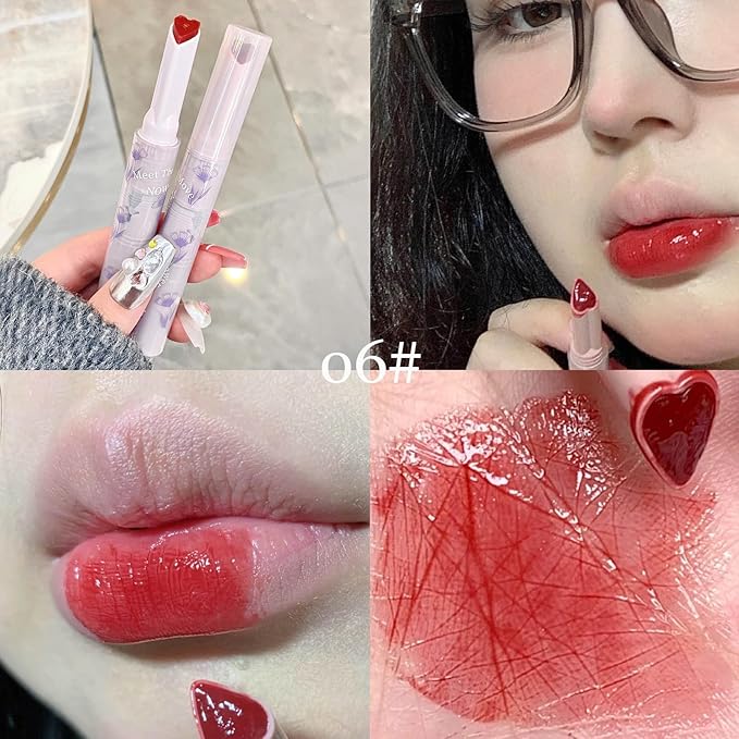 6pcs Flower Jelly Lipstick Set, 6 Colors Heart Shape Moisturizing Lip Glaze, Glossy Hydrating Lip Gloss, Mirror Effect Lip Balm Makeup Pen for Fuller Lips