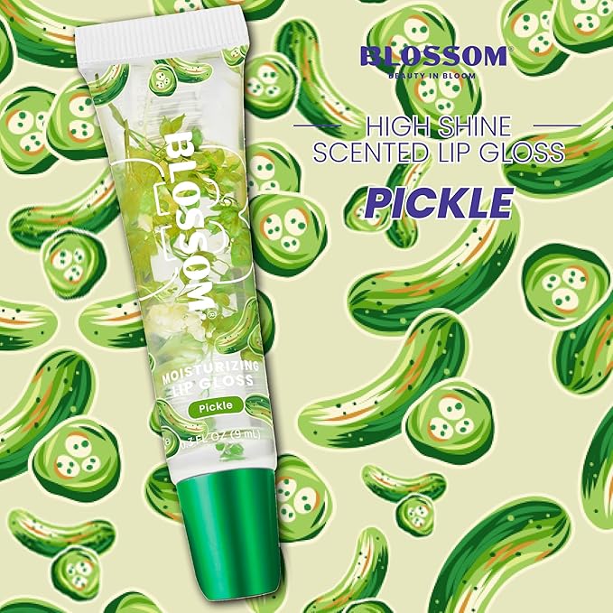 Blossom Lip Gloss Tubes, Pickle Scented Thick Clear High Shine Moisturizing Flower Lip Gel with Nourishing Jojoba Seed Oil, Infused with Real Flowers, 0.3oz, Pickle