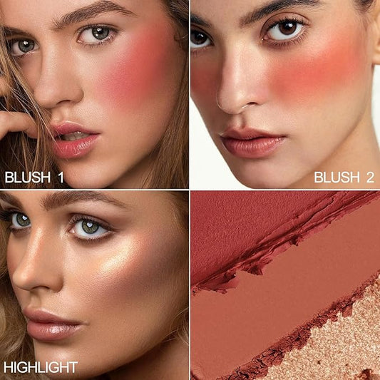 3 Color Highlighter Makeup Palette, Matte Powder Blush for Cheeks, Lightweight, Blendable, Shimmer Shadow Powder with Mirror, Easy to Create Natural Three-dimensional Look