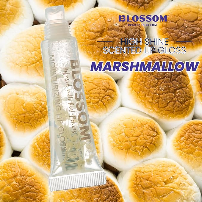 Blossom Lip Gloss Tubes, Marshmallow Scented Thick Clear High Shine Moisturizing Flower Lip Gel with Nourishing Jojoba Seed Oil, Infused with Real Flowers, 0.3oz, Marshmallow