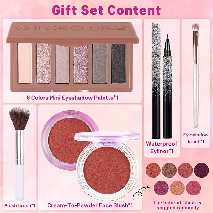 Makeup Kit for Women Full Kit All In One Make up Gift Set for Teens Girls Including 6 Colors Mini Naked Eyeshadow Palette, Cream-To-Powder Matte Face Blush, Waterproof Eyeliner, 2PCS Brushes 02