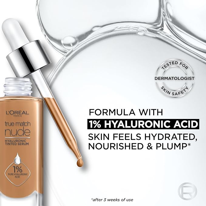 L'Oreal Paris True Match Nude Hyaluronic Tinted Serum Foundation with 1% Hyaluronic acid, Rich Medium 4.5-5.5, 1 fl. oz.