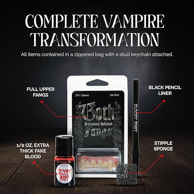 Vampire SFX Makeup Kit - Deluxe Wicked Bite Special Effects Face Makeup with 1/2 Oz. Extra Thick Fake Blood, Black Pencil Liner, Vampire Fangs and Stipple Sponge for Halloween or Stage - Bloody Mary
