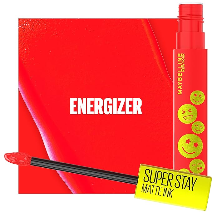 Maybelline Super Stay Matte Ink Liquid Lip Color, Moodmakers Lipstick Collection, Long Lasting, Transfer Proof Lip Makeup, Energizer, Bright Red, 1 Count