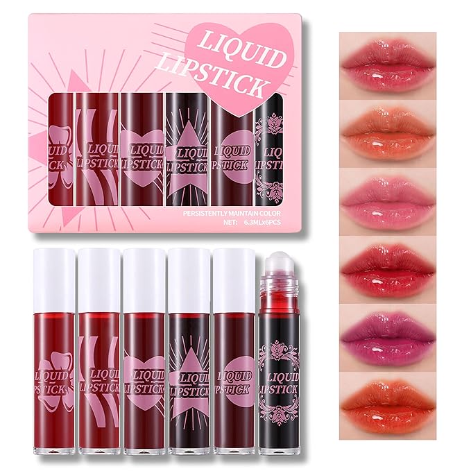 6 Colors Roll on Lip Tint Stain Set, Watery Vivid Color Waterproof Long Lasting Lip Gloss, Non-Stick Cup High Pigment Korean Liquid Lipstick Set, Multi-Use Lip and Cheek Tint Makeup
