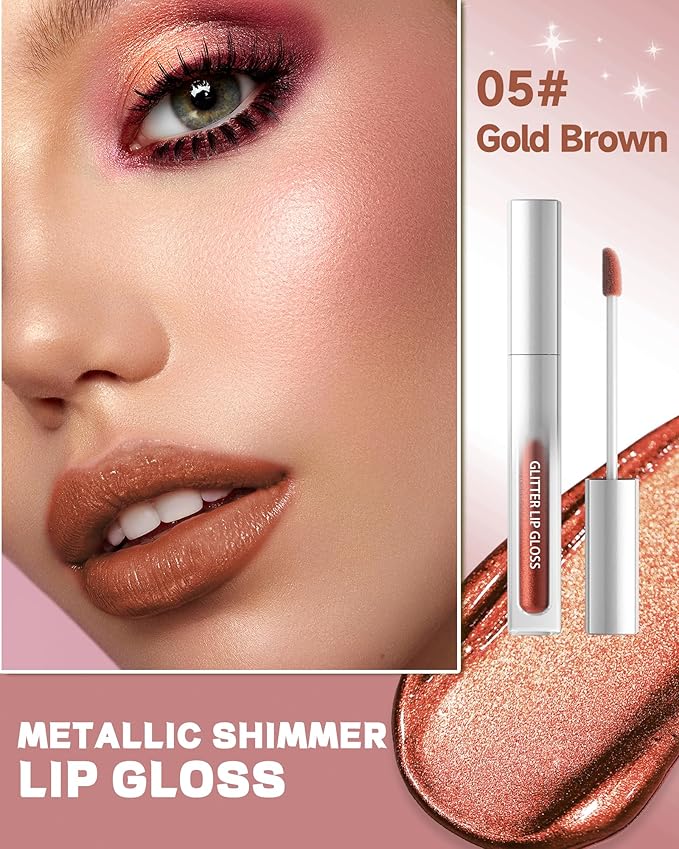 Gold Brown Metallic Liquid Lipstick, Non-Stick Cup Glitter Lip Gloss, High Pigmented Lip Color with Transfer-proof Wear, Long Lasting Waterproof Shimmer Sparkly Lipstick Cosplay Makeup for Women-05