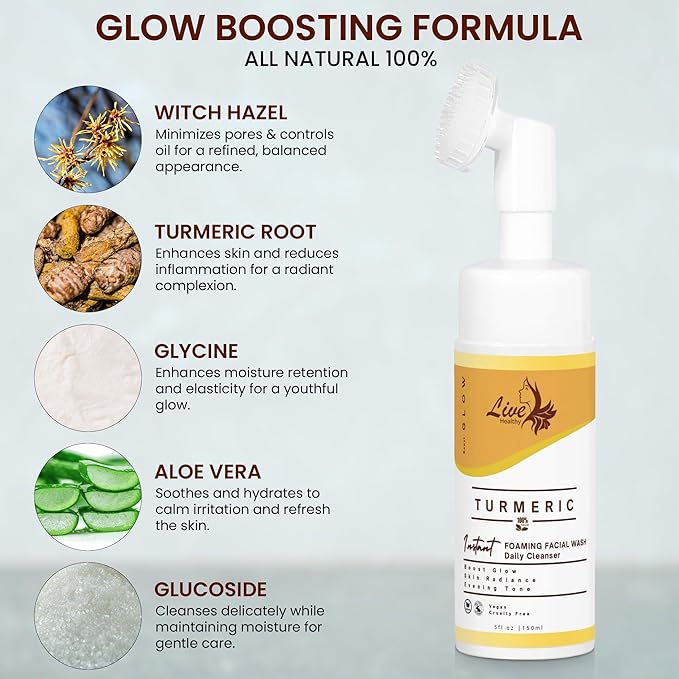 Live Healthy Turmeric Foaming Face Wash - Turmeric Face Wash with Brush, Deep Cleansing, Gentle, Facial Cleanser, Makeup Remover, Natural Formula for Acne, Blackhead & Oil Control, Hydrating -150ml