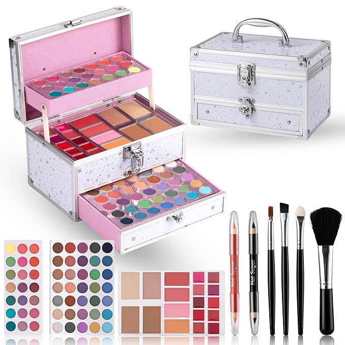Hot Sugar Makeup Kit for Teen Girls, Kids Makeup Set for Girls Includes Eyeshadow, Lip Gloss, Blush, Highlighter, Bronzer, Lip Pencil, Eye Pencil, Brush and Makeup Box (WHITE)
