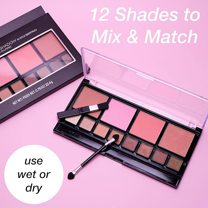 Women's Cosmetics Natural Beauty Blush & Eyeshadow Palette - 12 Shades, Shimmer & Matte Finishes