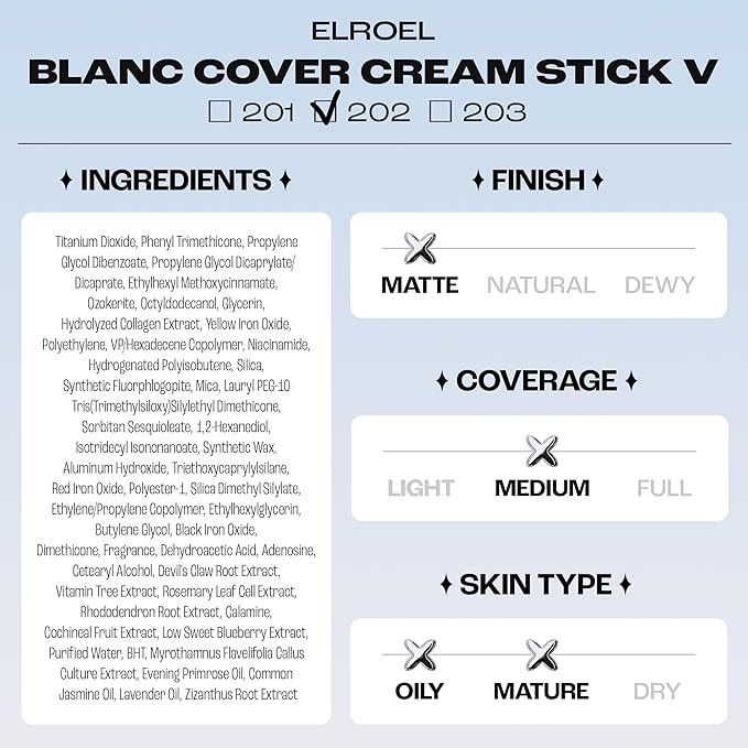 BLANC Cover Cream Stick V - Korean Color-Changing Foundation with Detachable Brush - Full to Medium Coverage Base Makeup (202 Natural, 0.45 oz)