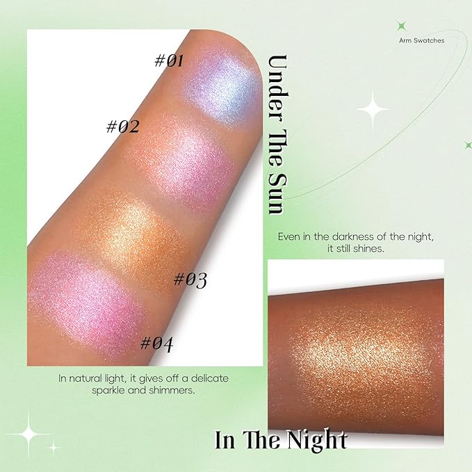 Face Highlighter Palette, Lunar Glow Highlighter Powder Makeup, Chameleon Glitter Shimmer Body Cheek Eye Highlighter, Multichrome Sparkle Holographic Color Shifting Silky Creamy Illuminator#03