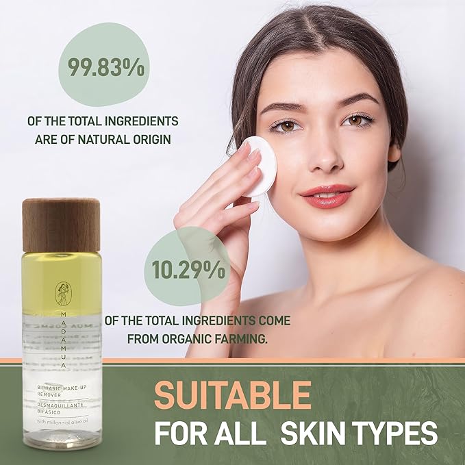 Biphasic Waterproof Makeup Remover - Millennial Olive Oil Based Cleanser, Travel Size Eye Make Up Remover Liquid, Moisturizing Care Makeup Essentials
