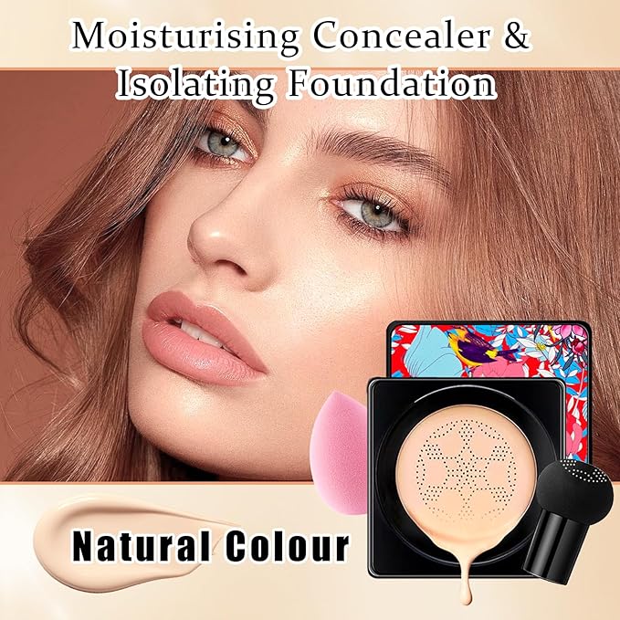 2Pcs Mushroom Head Air Cushion CC Cream Foundation Makeup,Moisturizing BB Cream Face Makeup Liquid Foundation,Long Lasting Full Coverage Concealer for All Skin Types(Natural)B