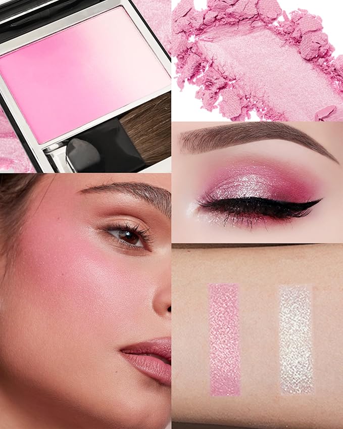 Matte Pink Blush for Cheeks, Multiuse Baked Powder Blush Palette for Blusher&Highlighter&Eyeshadow, Lightweight Long-Lasting High Glossy Finish, Blendable Gradient Blusher, Makeup Gift for Women-01