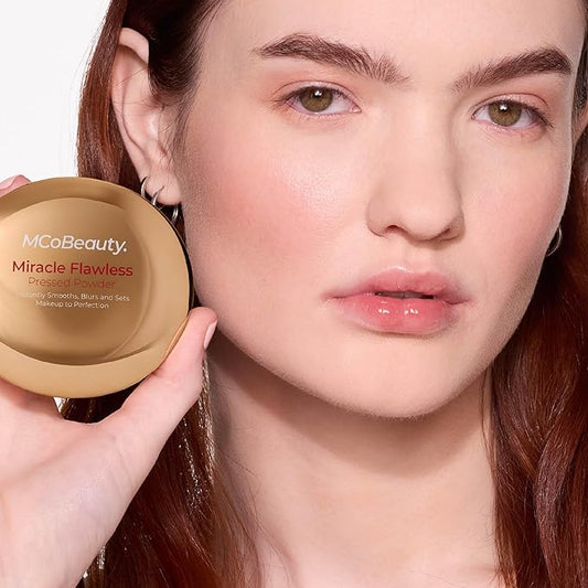 MCoBeauty Miracle Flawless Pressed Powder, Fair Shade, Oil-Control, Soft-Focus Finish with Hydrating Rose Flower Extract & Sweet Almond Oil, Vegan, Cruelty Free Cosmetics