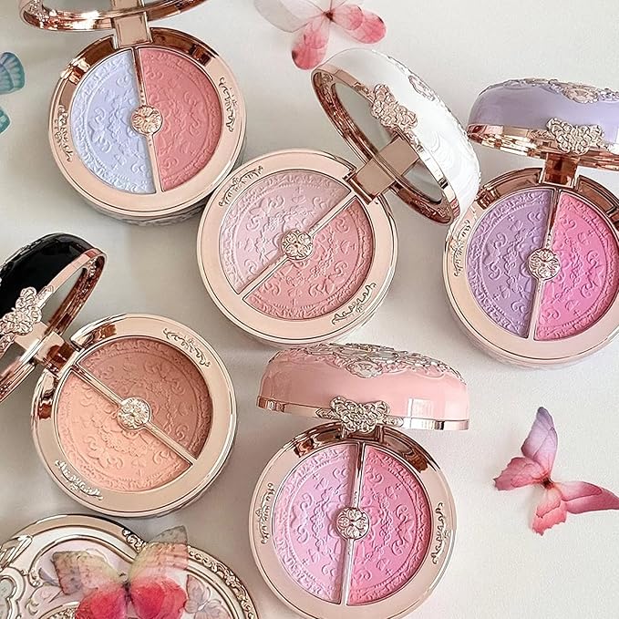 Flower Knows Butterfly Cloud Collar Rouge Box Highlighting & Blush Duo Powder,Brown Matte Finish Blush & Highlighter Palette,Buildable & Blendable Makeup Blush for cheeks(05 Pearwood)