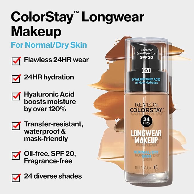 Revlon Liquid Foundation, ColorStay Face Makeup for Normal and Dry Skin, SPF 20, Longwear Medium-Full Coverage with Matte Finish, Oil Free, 400 Caramel, 1.0 Oz