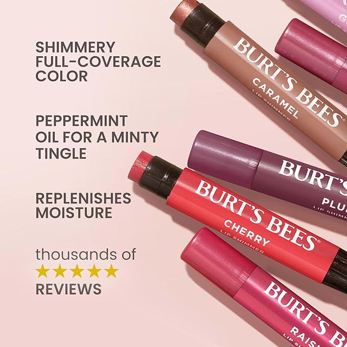 Burt's Bees Shimmer Lip Tint, Tinted Lip Balm Stick, Moisturizing for All Day Hydration with Natural Glowy Pigmented Finish & Buildable Color, Watermelon, 1 Tube, 0.09 oz.