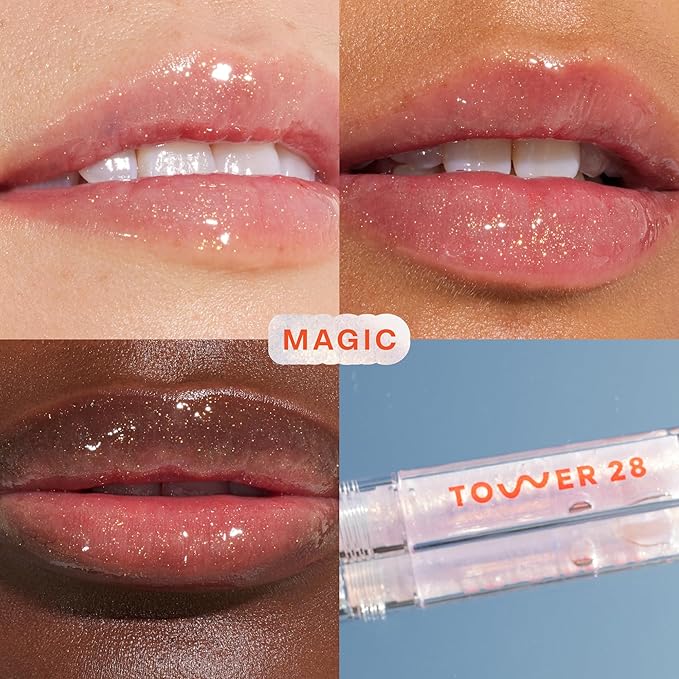 Tower 28 ShineOn Lip Jelly, MAGIC, Non-Sticky, Hydrating Vegan Lip Gloss in Clear with Gold Shimmer, Moisturizing Apricot and Raspberry Seed Oil, Clean, Cruelty Free