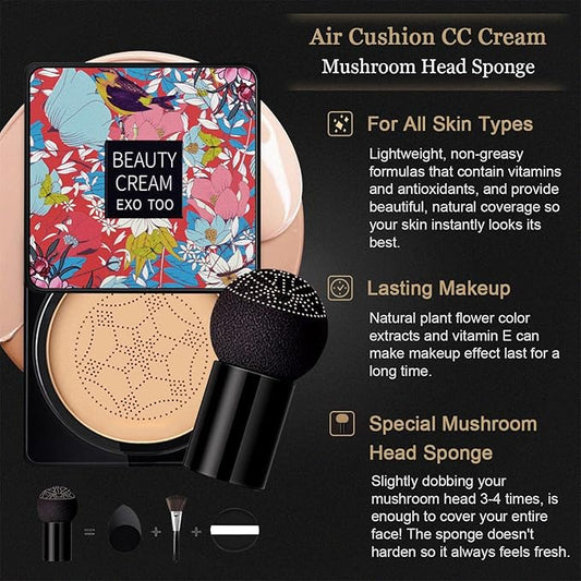 2PCS Mushroom Head Air Cushion CC Cream, Beauty Cream EXO TOO, Moisturizing, Long Lasting, Light Weight, Waterproof Foundation with 2PCS Mushroom Head Sponges