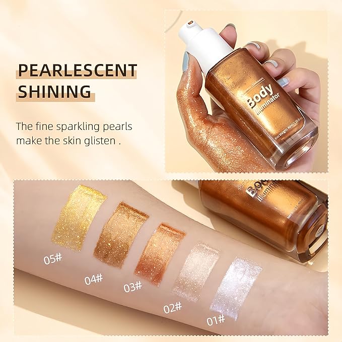 Moisturizing Body Luminizers 5 Colors Smooth and Shimmer Body Oil Long Lasting Liquid Body Highlighter for Face & Body & Leg (40ml, 05 Gold)