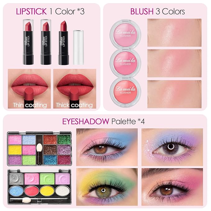 Golray Teen Makeup Kit for Girls Ages 8-12, Starter Full Make up Set With Train Case / 4 Eyeshadow Pallets/Blush/Nail Polish/Lipstick/Brush, Kid Birthday Gift Beauty Toy for Girl 9 10 11 12 Years