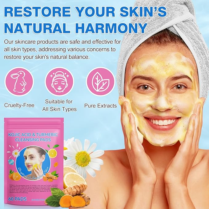 Turmeric Cleansing Pads Kojic Acid Turmeric Cleansing Pads, Face Turmeric & Kojic Acid Pads for Dark Spots, Glow Up Acne Scars, Unclog Pores, Enriched Vitamin C,Gentle & Non-Irritating