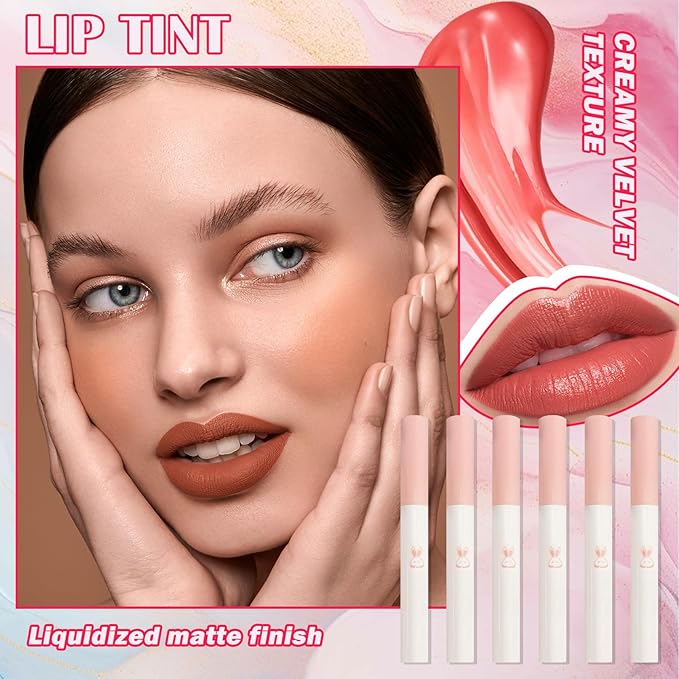 6 Colors Lip Tint Stain Set,Mini Liquid Lipstick Moisturizing Long Lasting Plumping High Pigmented Lip Gloss Set,Lightweight Non-Stick Cup Matte Lipstick for Waterproof Cheek and Lip Tint Makeup B