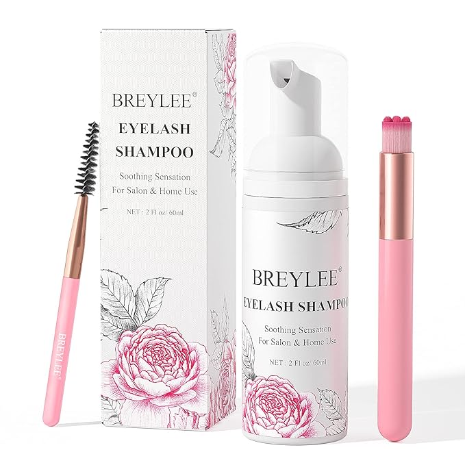 BREYLEE Eyelash Cleanser, Shampoo Foam & Brushes Eyelid Cleanser for Makeup Remover Paraben & Sulfate Free for Salon and Home Use(60ml, 2 fl oz)