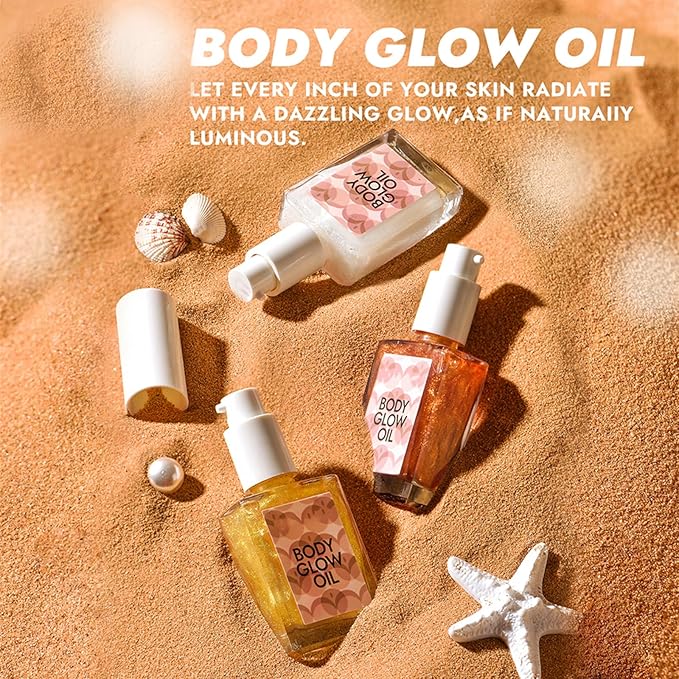 Shimmer Body Oil, Body Luminizer 3 Colors Hydrating Body Shimmer Oil Sparkle and Shine Hydrating and Nourishing Body Glitter Oil 1.05 Floz